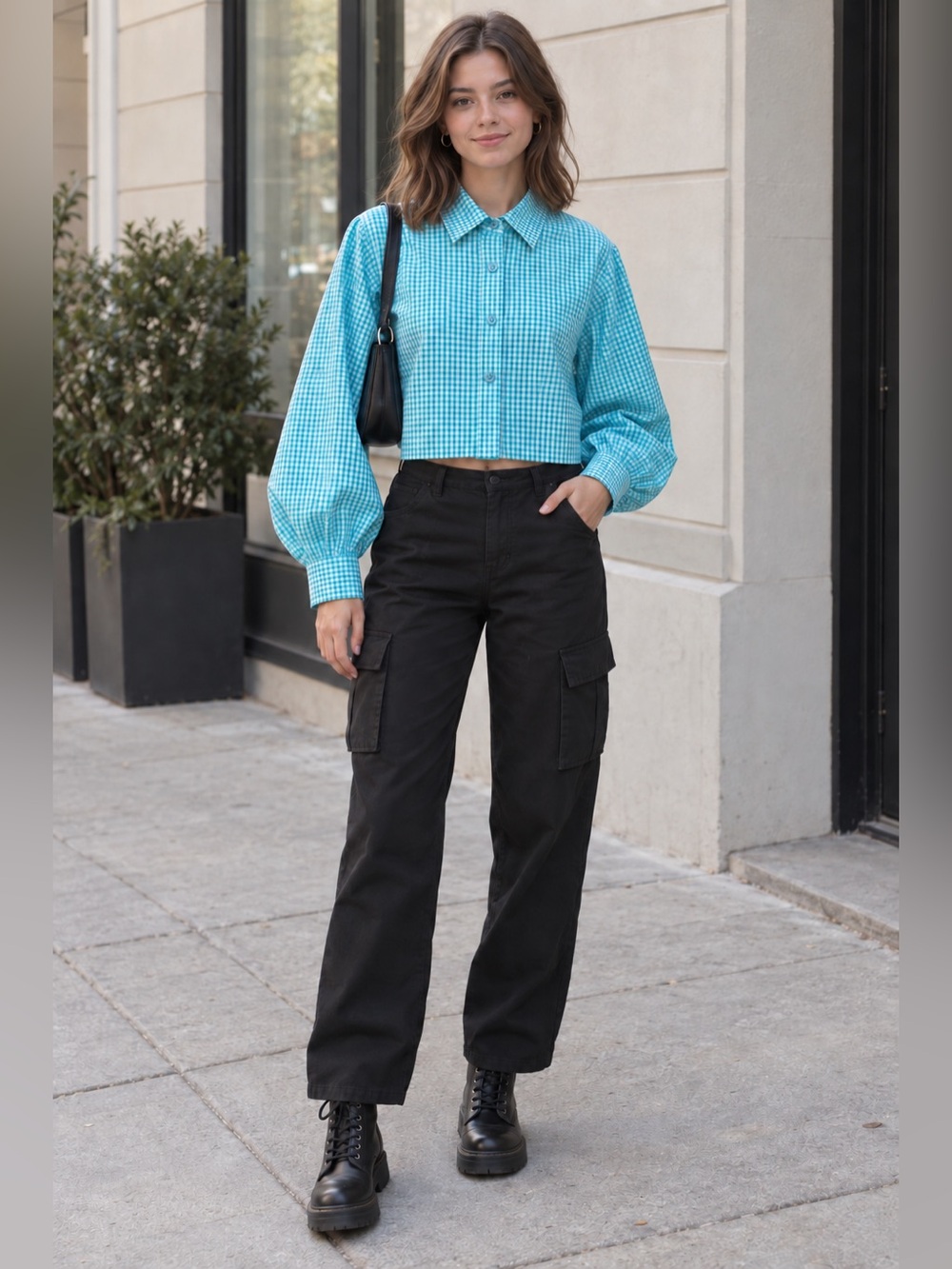 NWT OOPS!!! Cropped Turquoise Gingham Button-Up Shirt, Cropped, Checkered, M